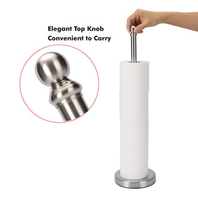 Exilon toilet paper stand holds five rolls, reducing bathroom clutter.