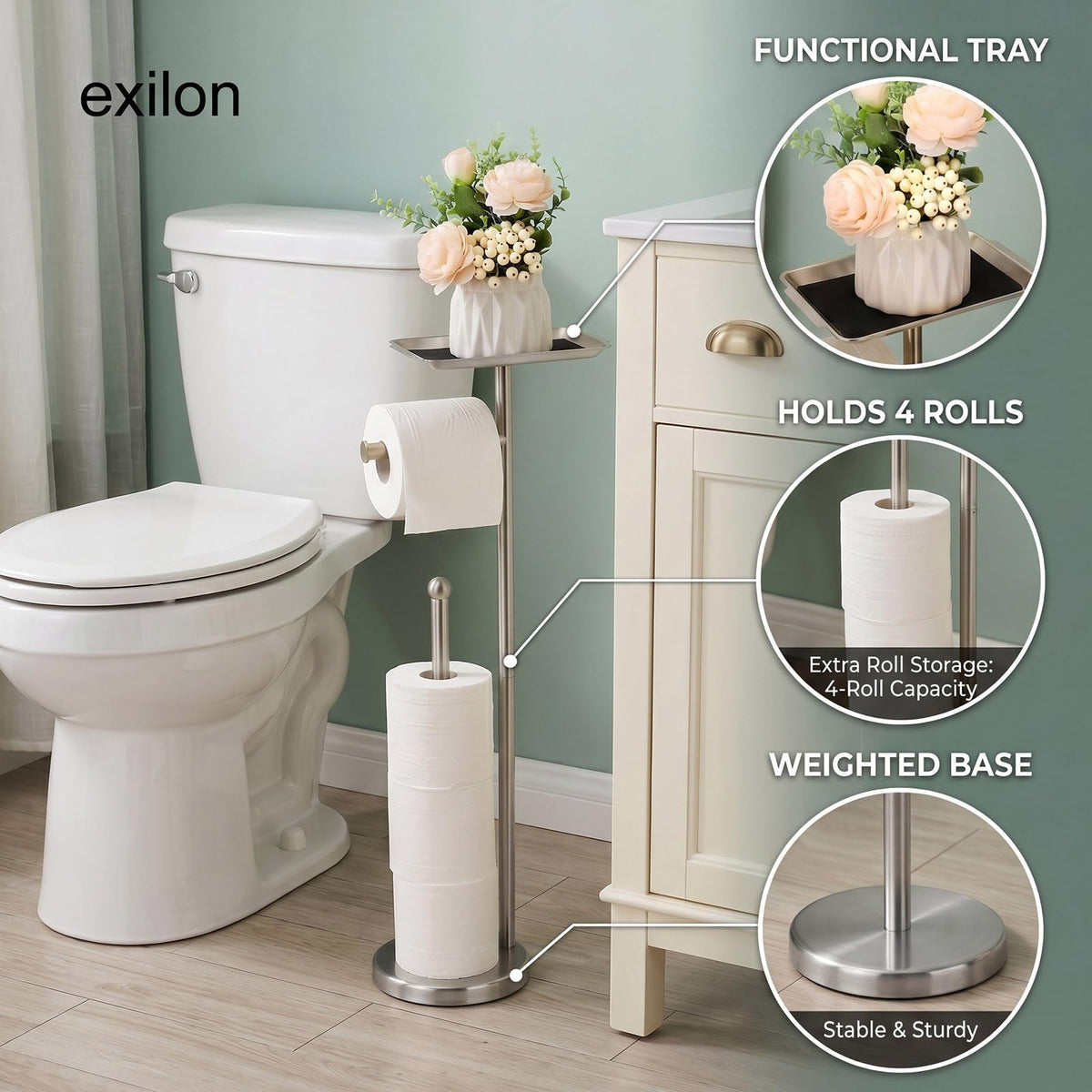 Exilon top storage shelf for phone and essentials enhances bathroom organization.