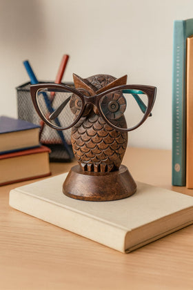 Eximious India mango wood eyeglasses stand organizes desk clutter.