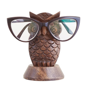 Eximious India wooden owl glasses holder keeps glasses safe on the nightstand.