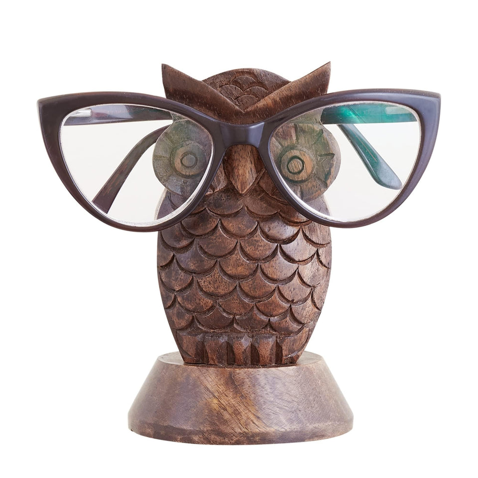 Eximious India wooden owl glasses holder keeps glasses safe on the nightstand.