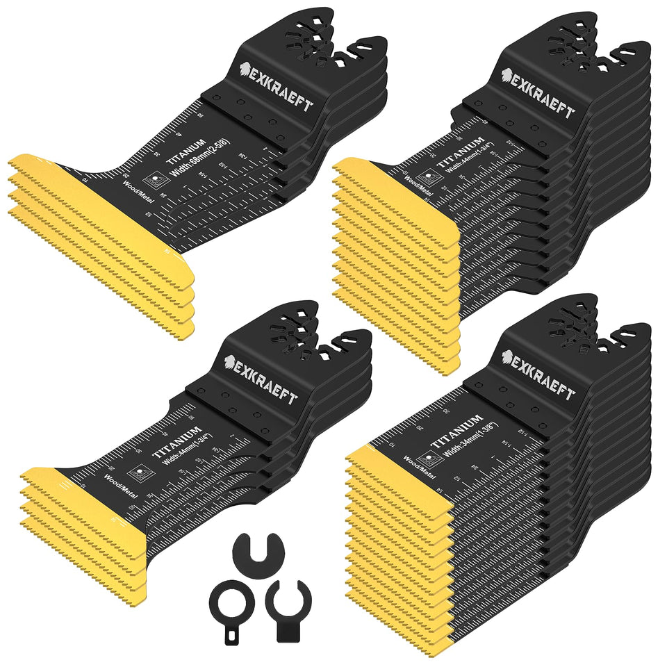 EXKRAEFT packaging shows a ready-to-use titanium oscillating blades set for quick projects