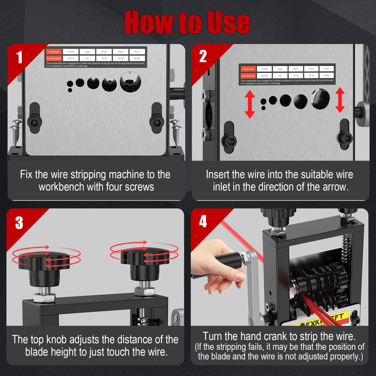 EXKRAEFT Wire Stripper supports diameters from 3 to 17 mm for common wires.