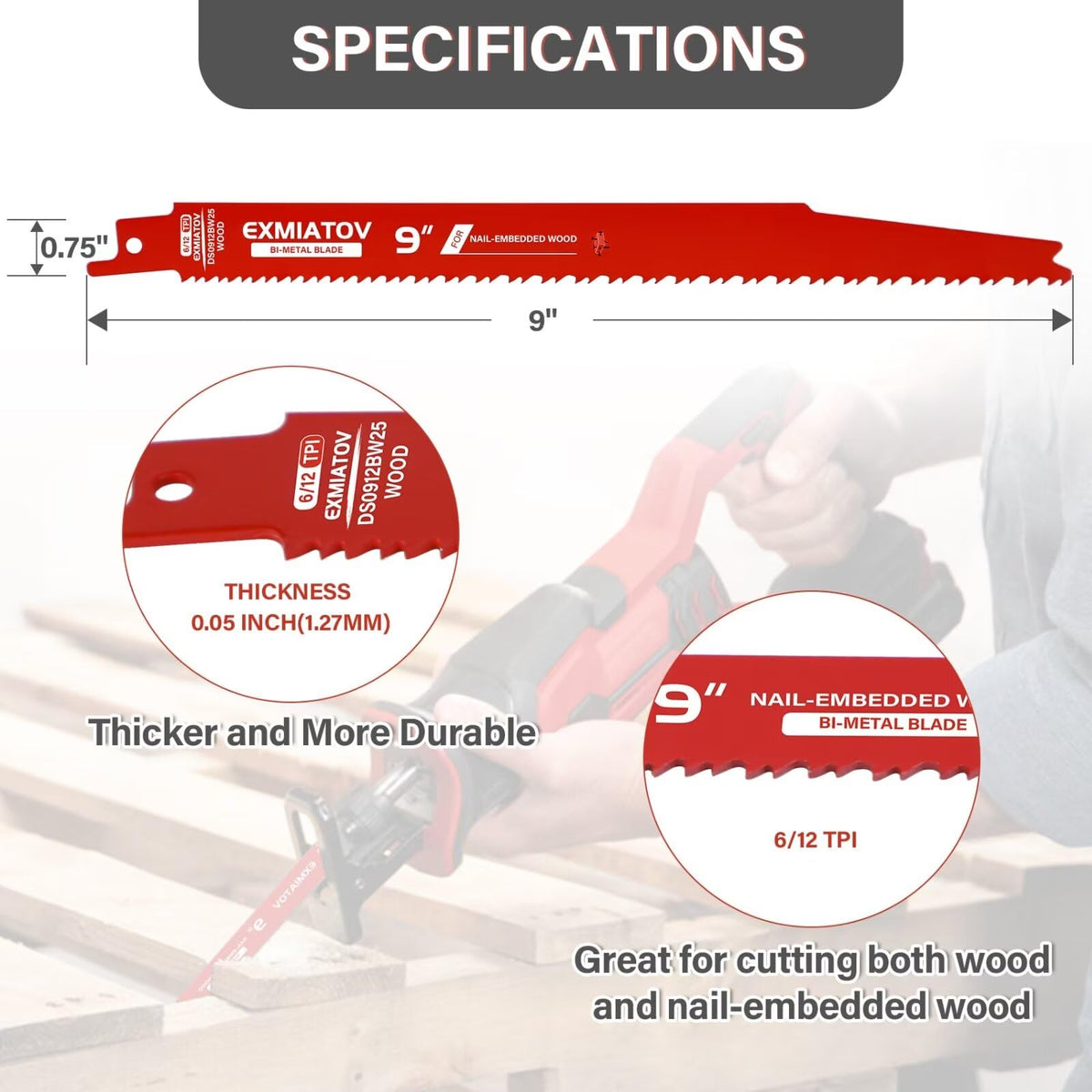 EXMIATOV bi-metal 9-inch blades designed for nail-embedded wood tasks.