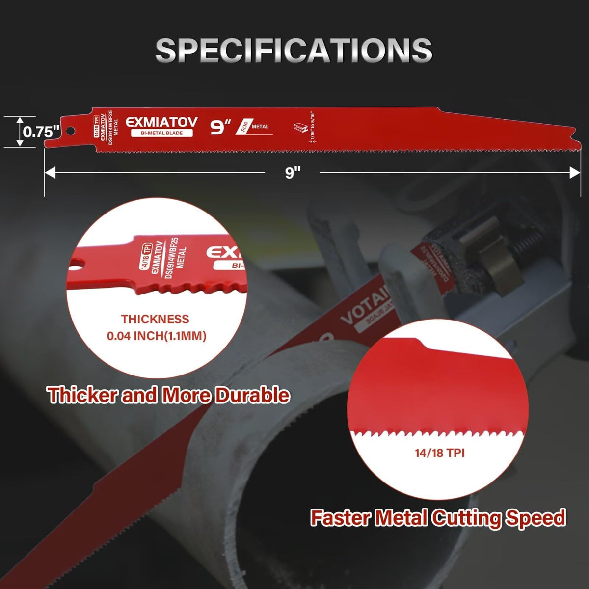 EXMIATOV bi-metal blade with cobalt teeth for durable demolition tasks.