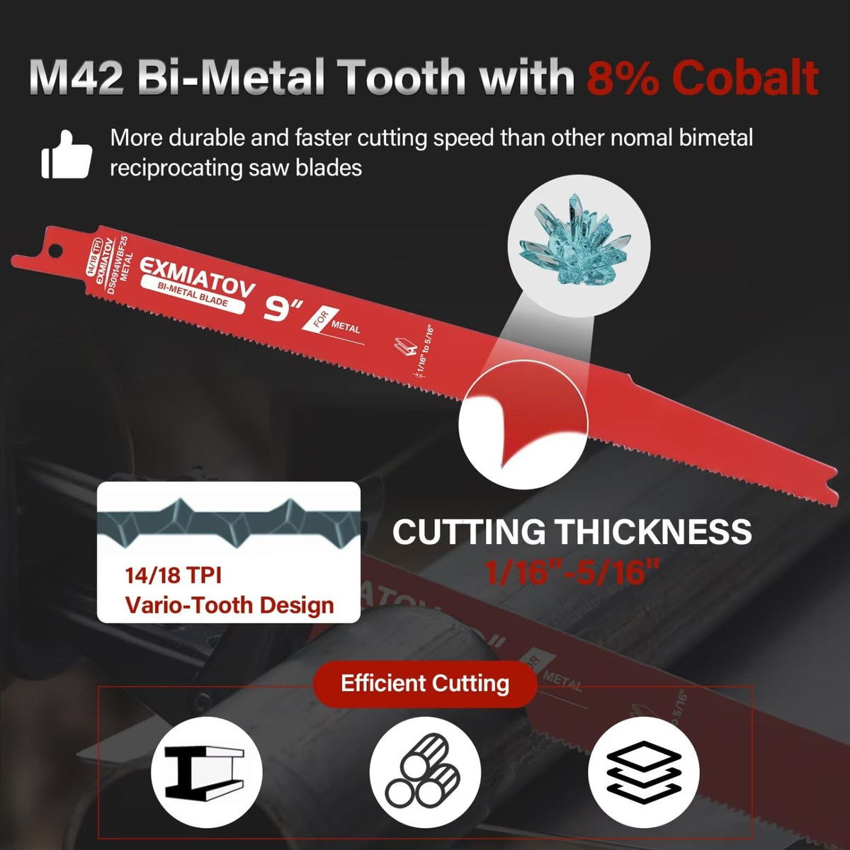 EXMIATOV variable-tooth design blade cutting through metal efficiently.