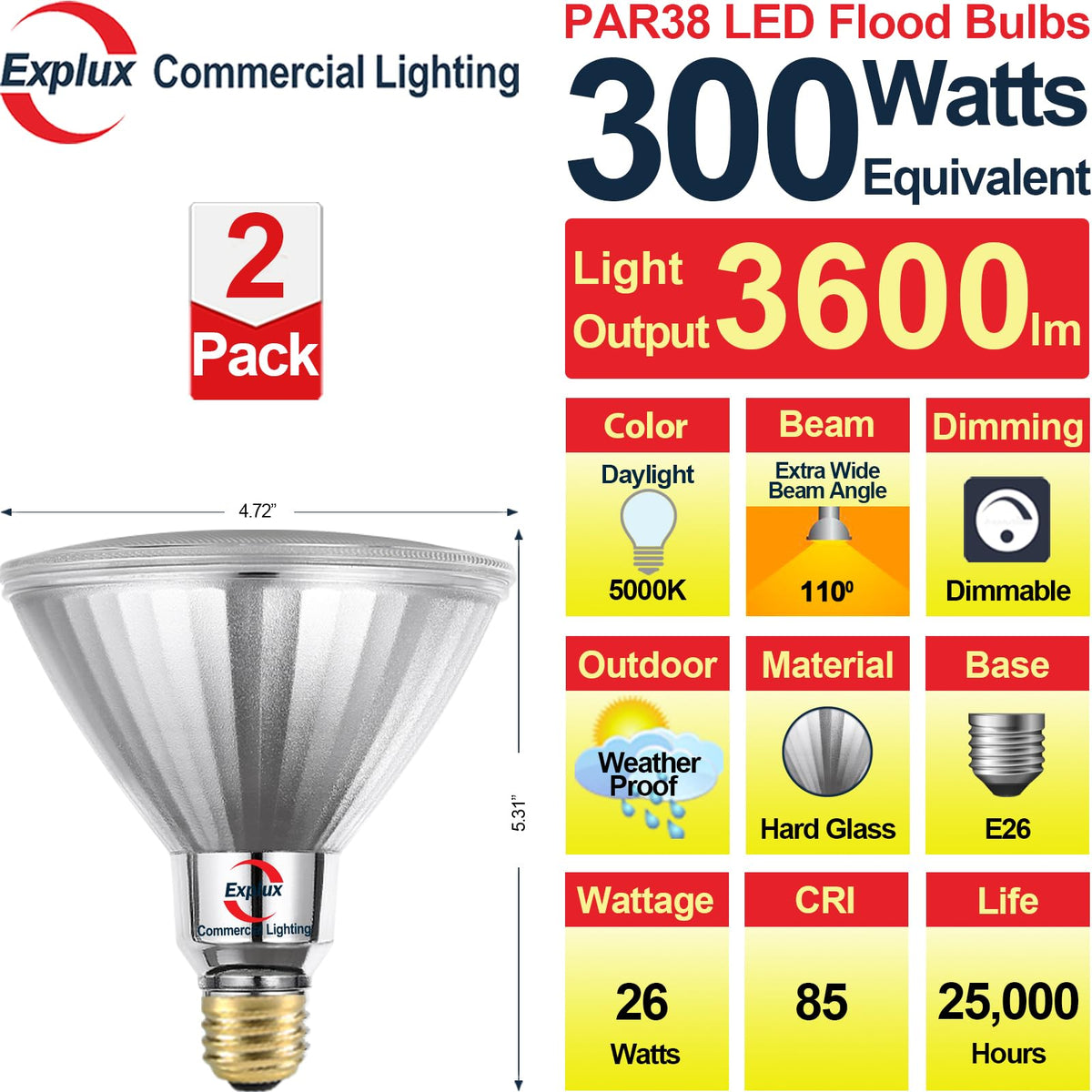 Explux PAR38 LED flood light bulb installed outdoors with waterproof design.