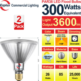 Explux PAR38 LED flood light bulb installed outdoors with waterproof design.