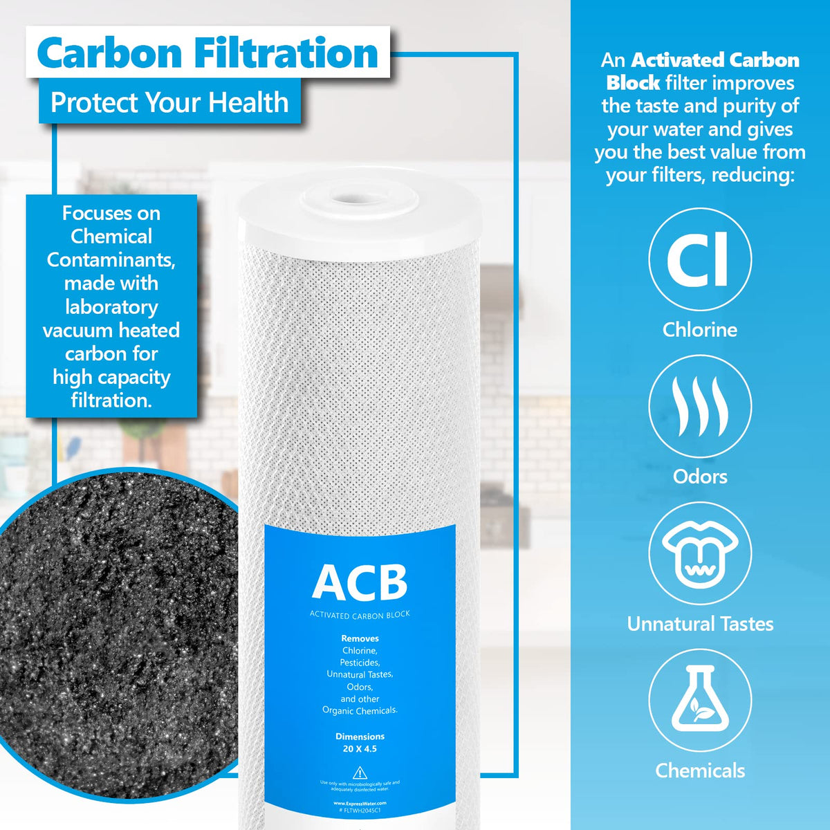 Express Water carbon block filter made from coconut shell.