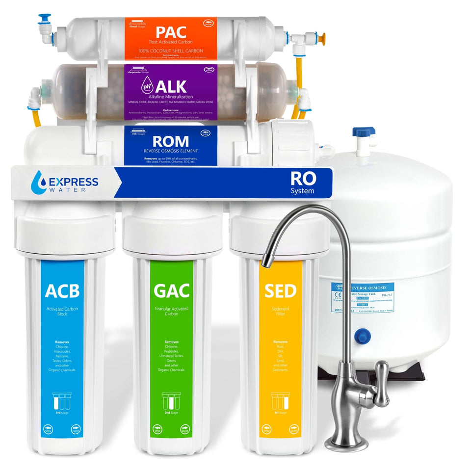 Express Water ROALK5D under-sink system front view, compact water filtration for home use.
