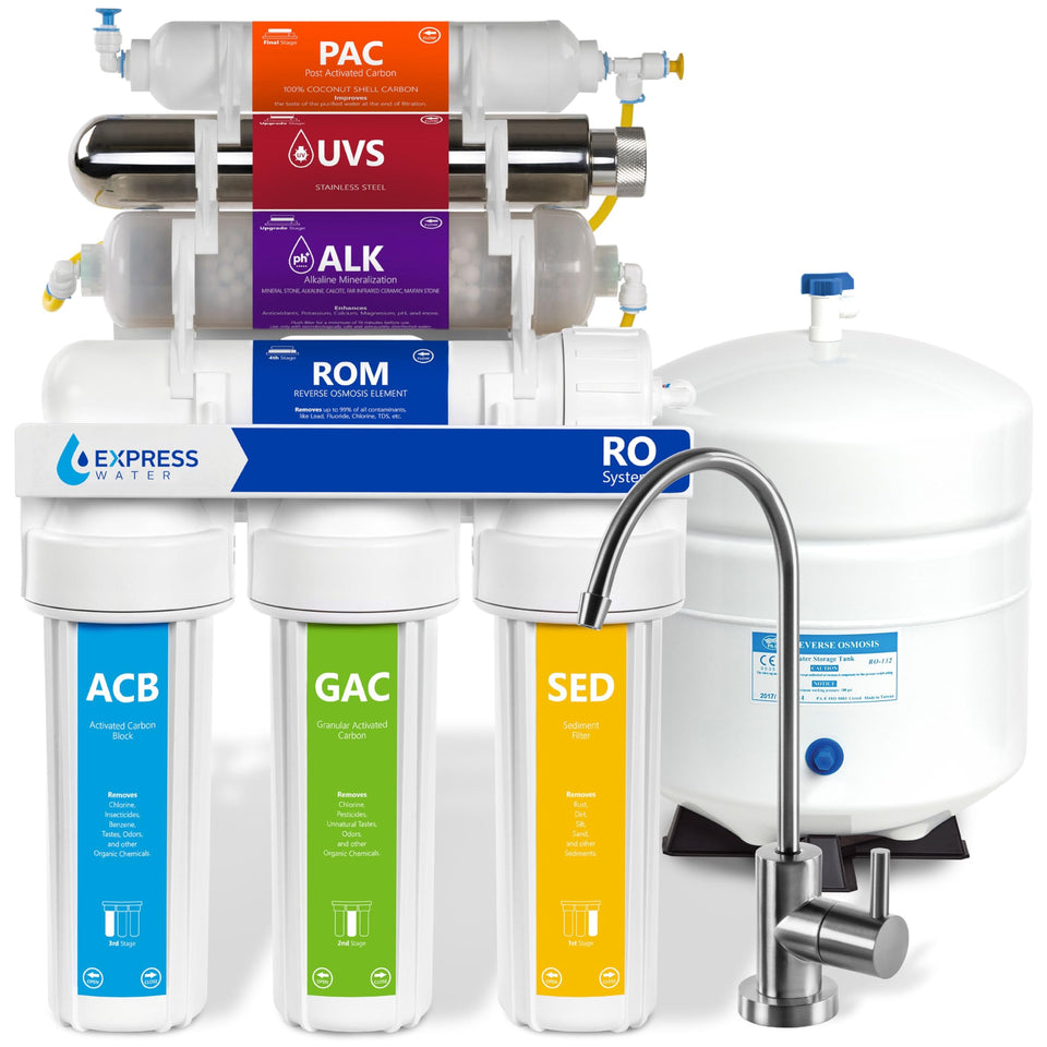 Express Water ROALKUV10M under-sink system delivering purified alkaline water.