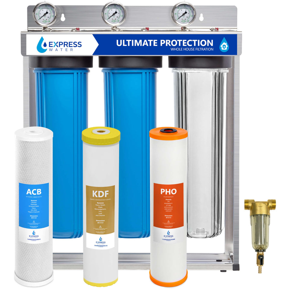 Express Water whole-house filter system exterior showing compact unit for home water filtration.