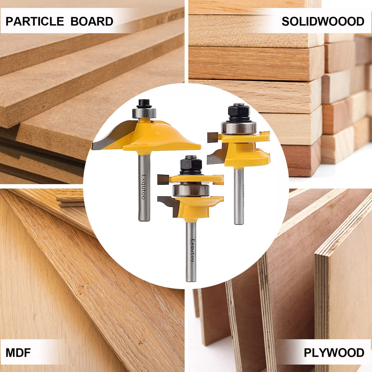 Exqutoo three-pack router bit set packaged for use