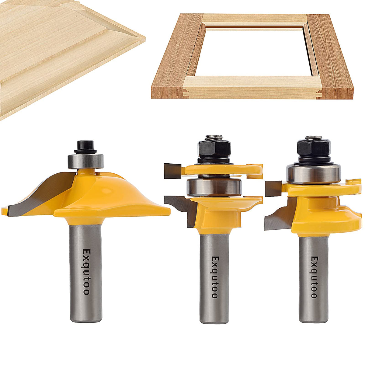 Exqutoo 3-pack router bits with 1/2-inch shank for raised-panel doors, precise joinery.