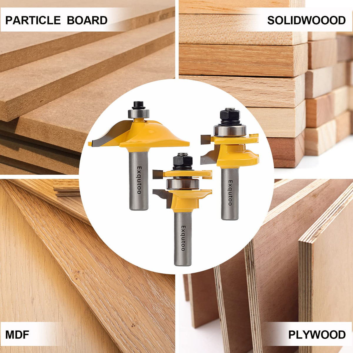 Exqutoo triple-router set with versatile material scope and surface compatibility.