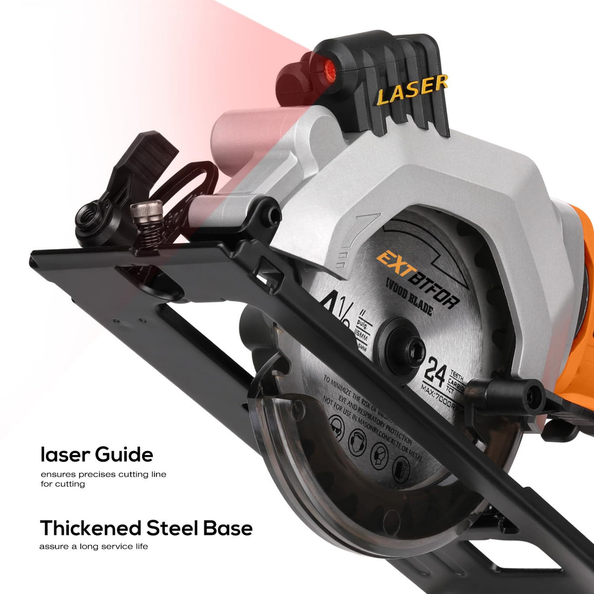 Extbtfor circular saw with guide ruler for straight, accurate cuts.