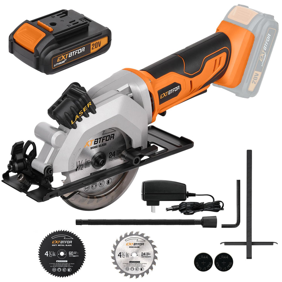 Extbtfor circular saw with laser guide for precise wood cuts.