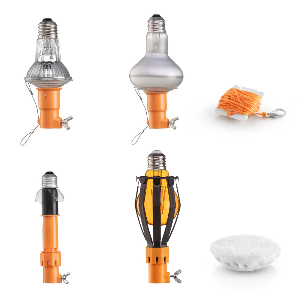 EXTEND-A-REACH lightbulb changer attachment shown enabling high-ceiling bulb changes.