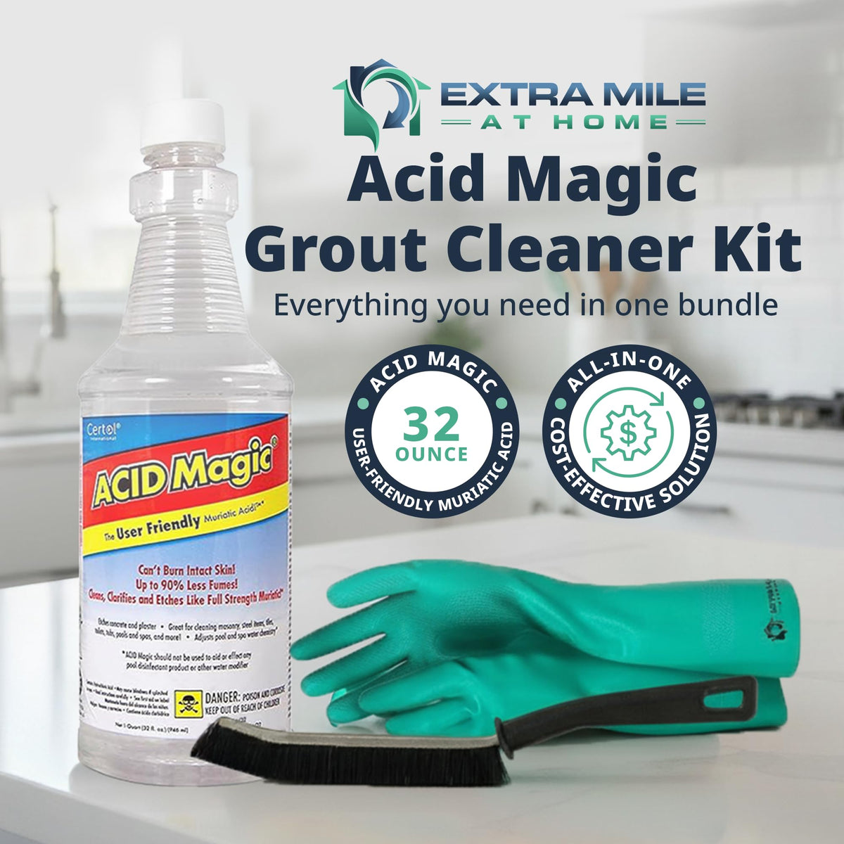 Heavy-duty gloves from the kit protect hands during cleaning tasks.