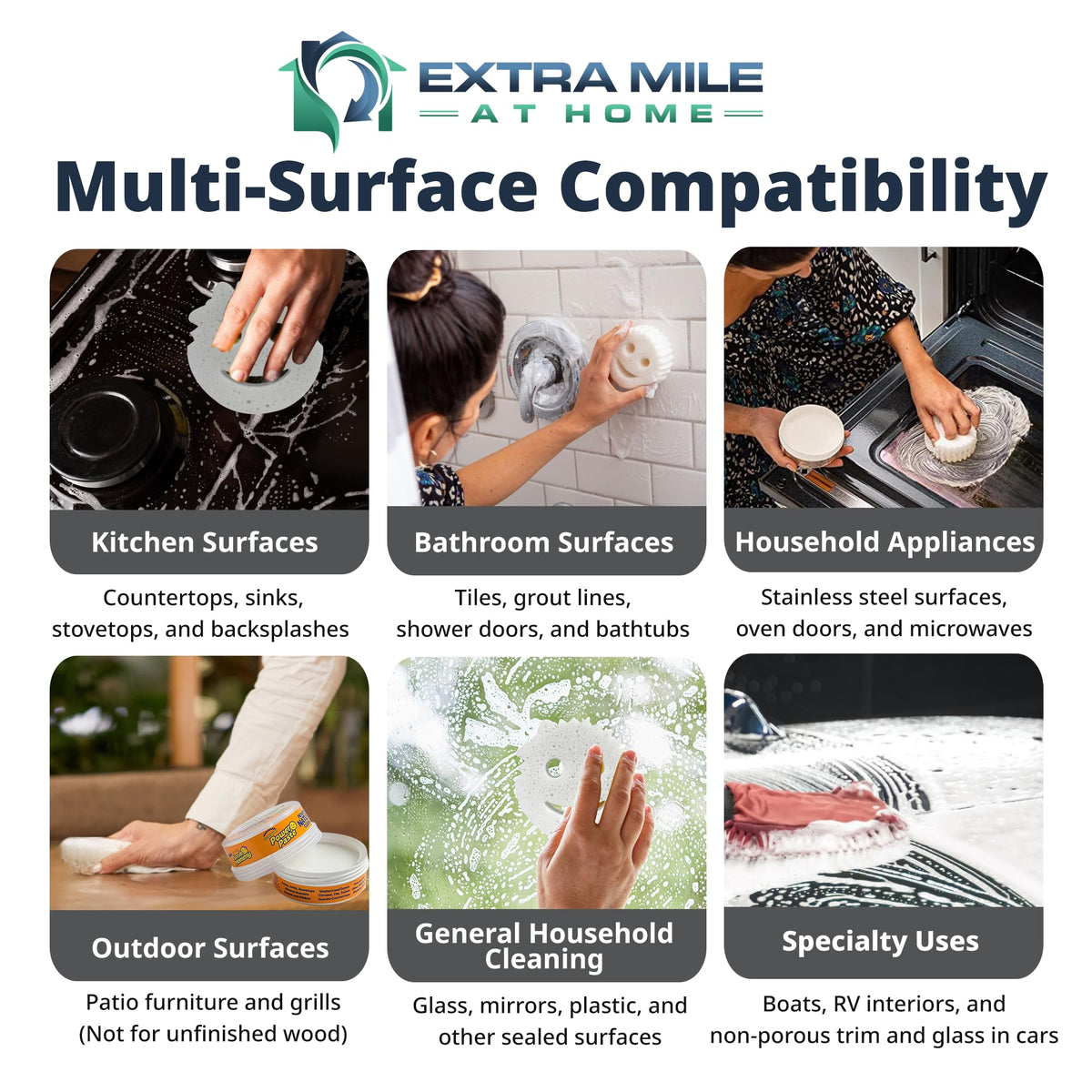 Sponge and brush included for quick scrubbing in bathrooms and kitchens