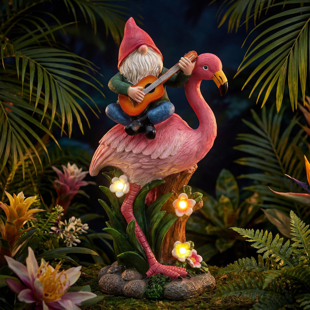 EXYGLO solar gnome on flamingo outdoors, adding night glow to the garden