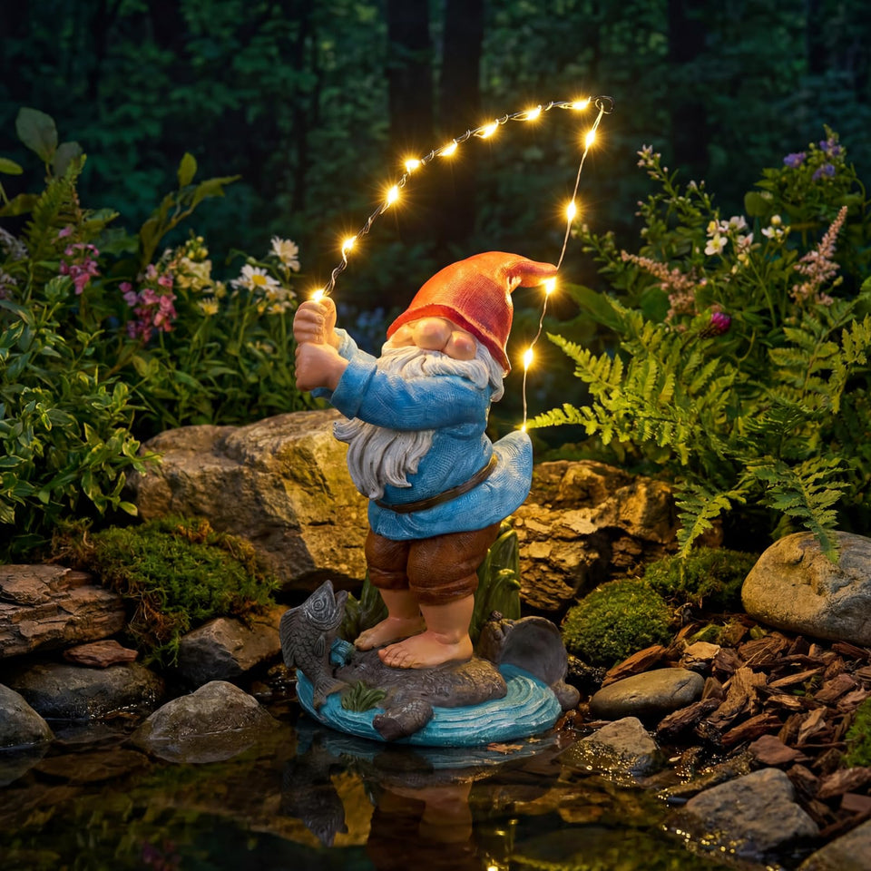 EXYGLO solar gnome garden statue shines at dusk, ideal for whimsical outdoor display.