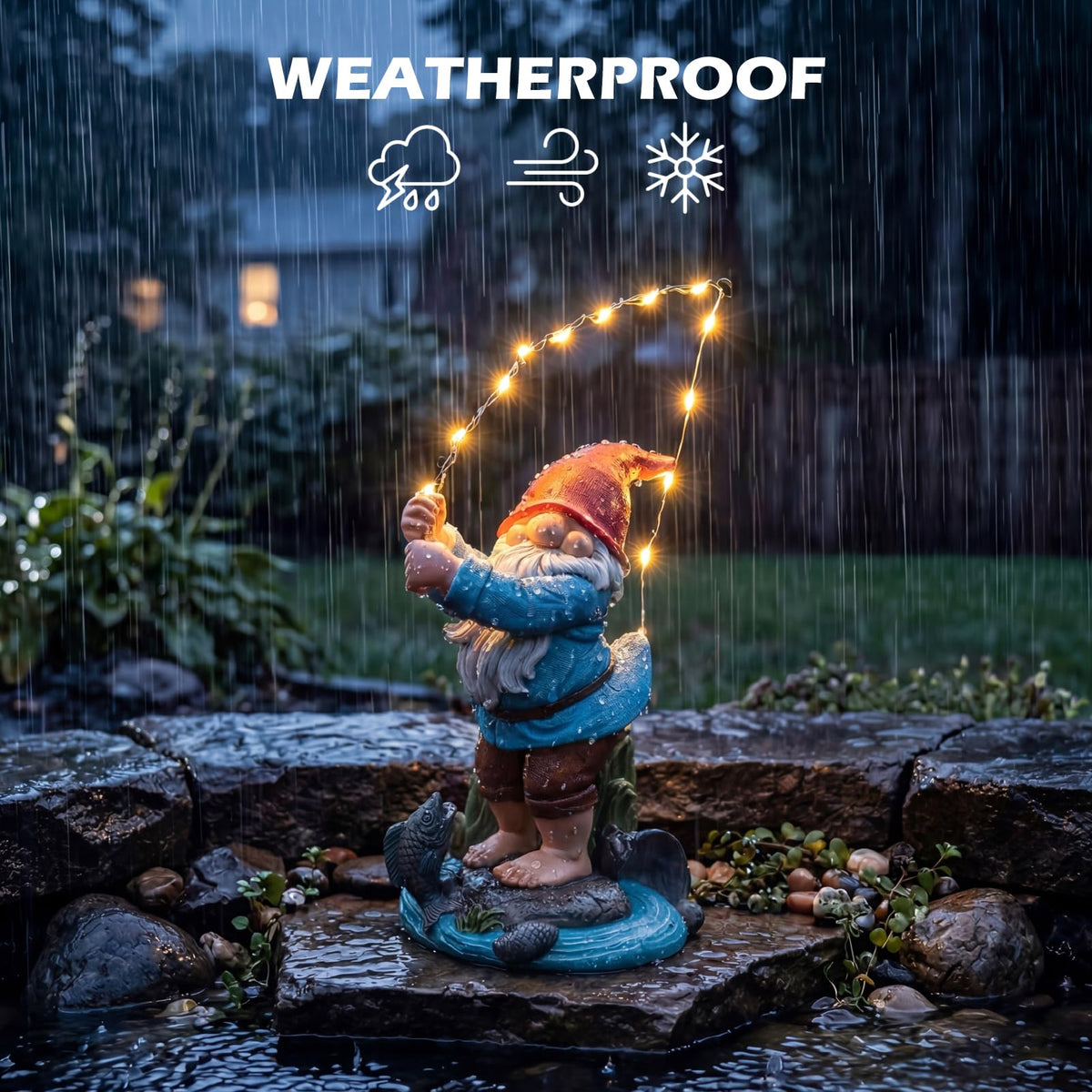 EXYGLO weatherproof gnome statue withstands outdoor use.