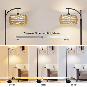 Eyassi Arc lamp with dimmable LED provides adjustable brightness for any living space.