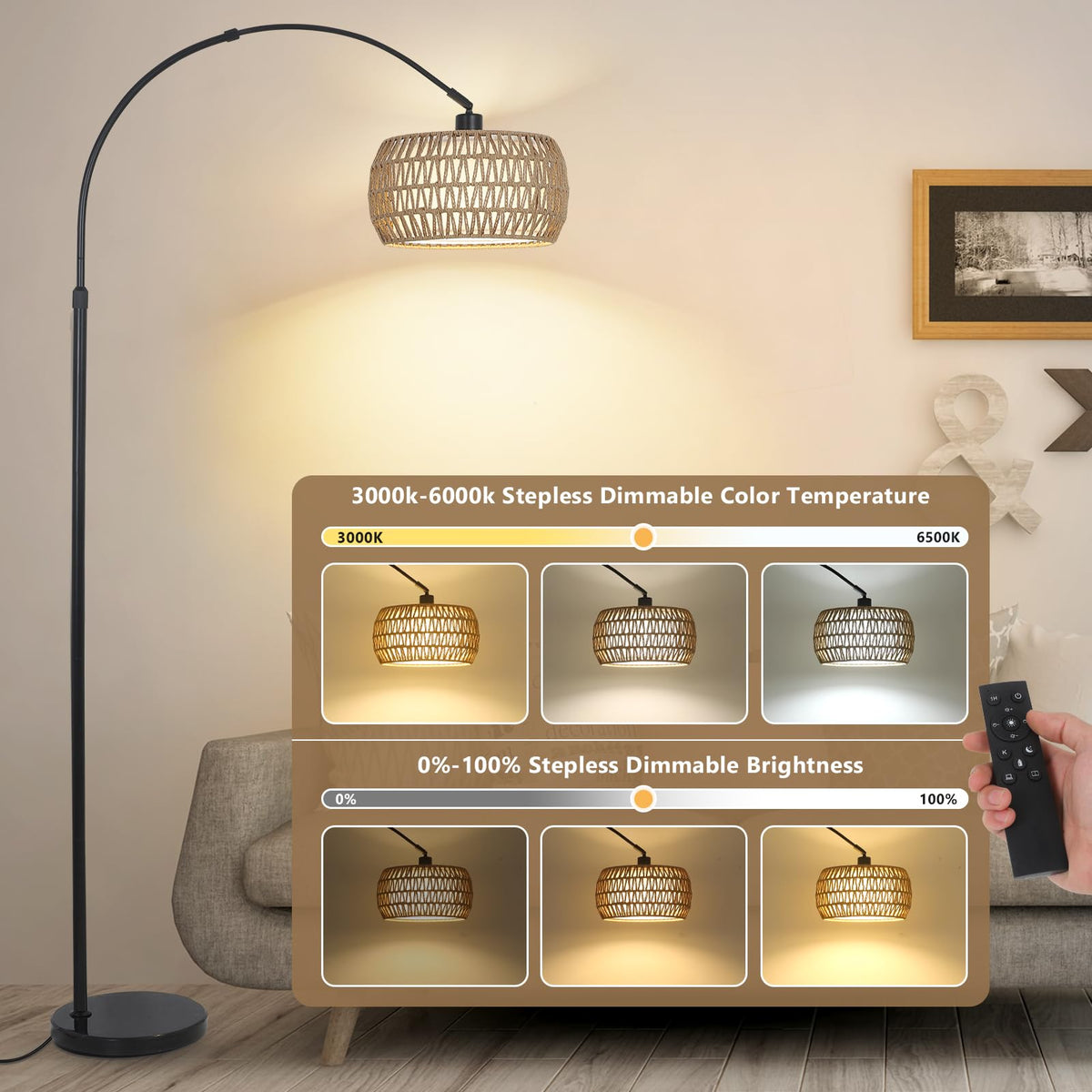 Eyassi Arc lamp with dimmable LED bulb for customizable brightness