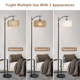 Eyassi Arc lamp comes with a double drum shade of rattan and fabric.