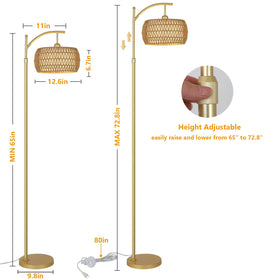eyassi Arc Floor Lamp features double drum shades with rattan and linen.