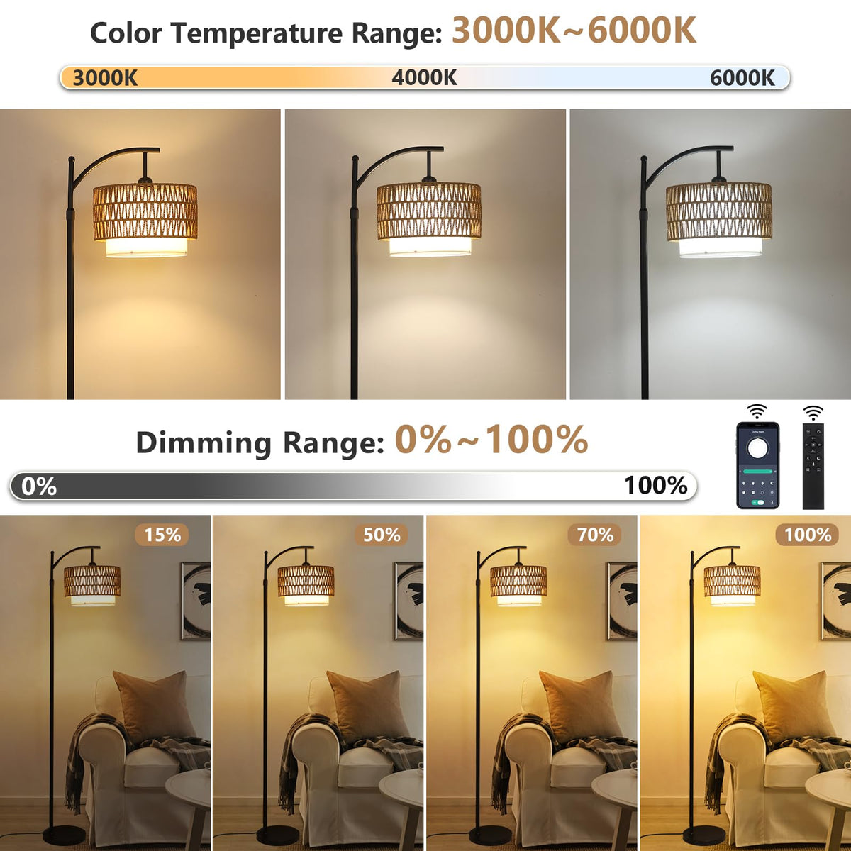 Eyassi Arc Floor Lamp with fabric shade for soft, diffused light