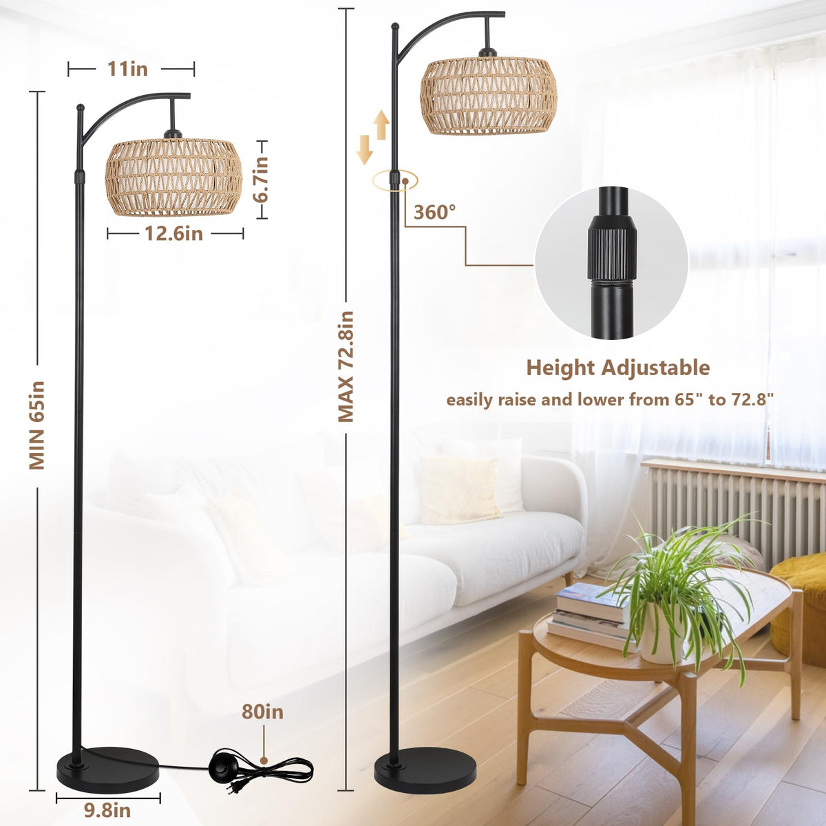 Eyassi Arc lamp height adjusts from 65 to 72.8 inches for flexible setup.