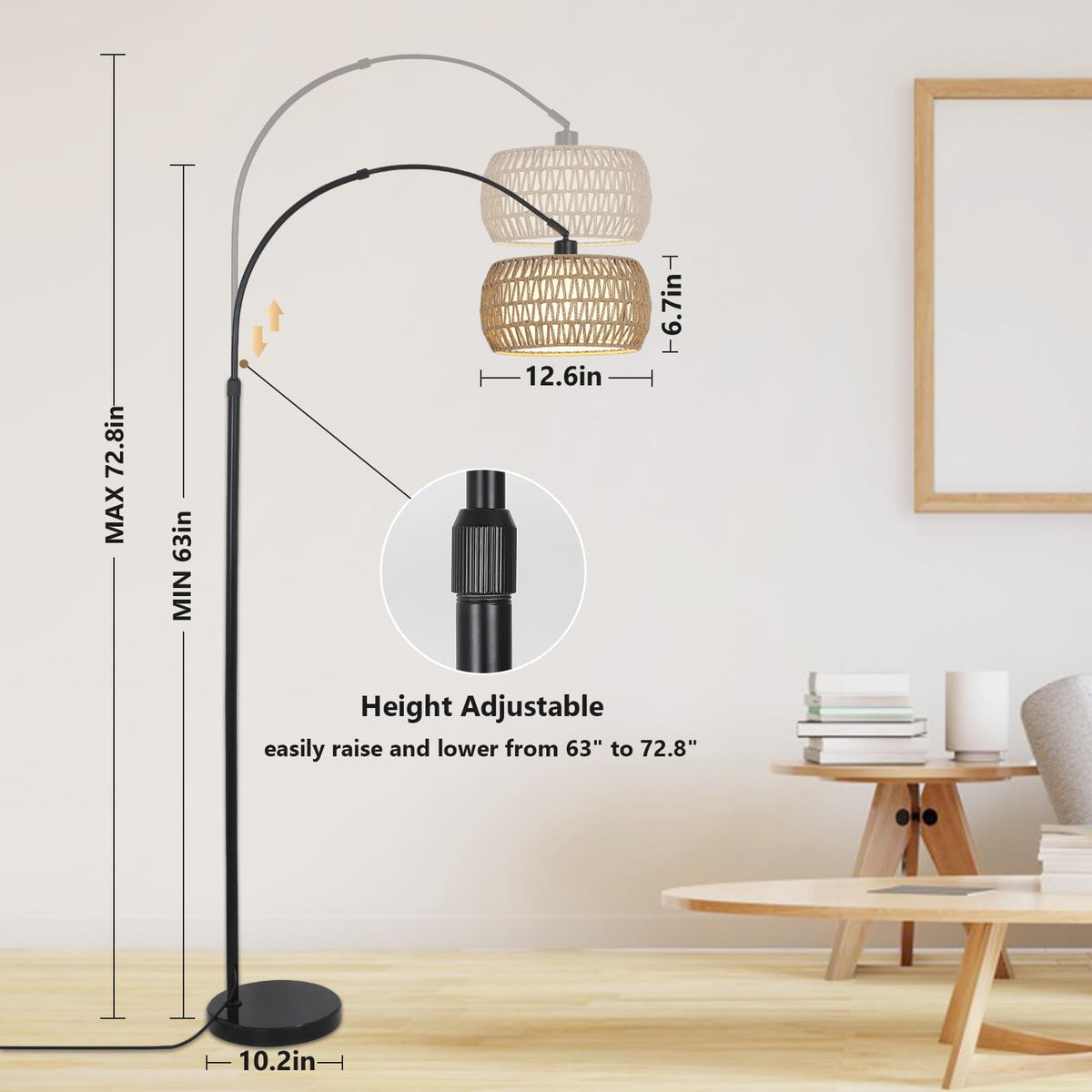 Eyassi Arc lamp features rattan lampshades for warm, natural charm