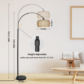 Eyassi Arc lamp features rattan lampshades for warm, natural charm