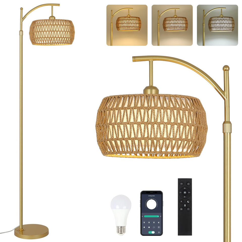eyassi Arc Floor Lamp with remote control for ambient living room lighting.