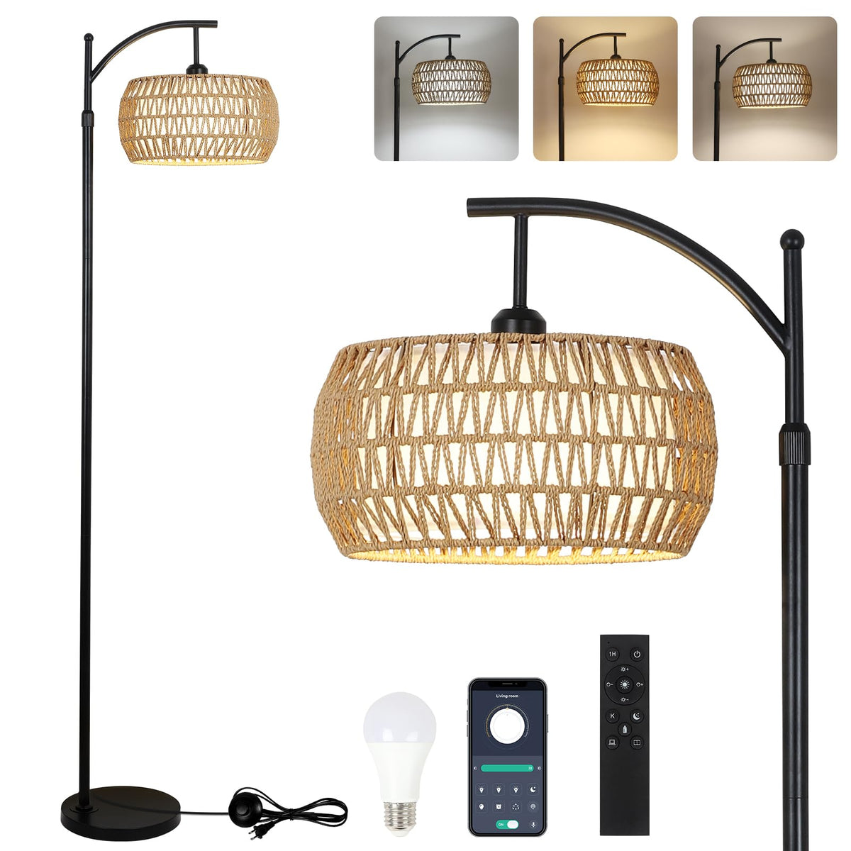 Eyassi Arc floor lamp remote control highlights effortless on/off and dimming from a distance.