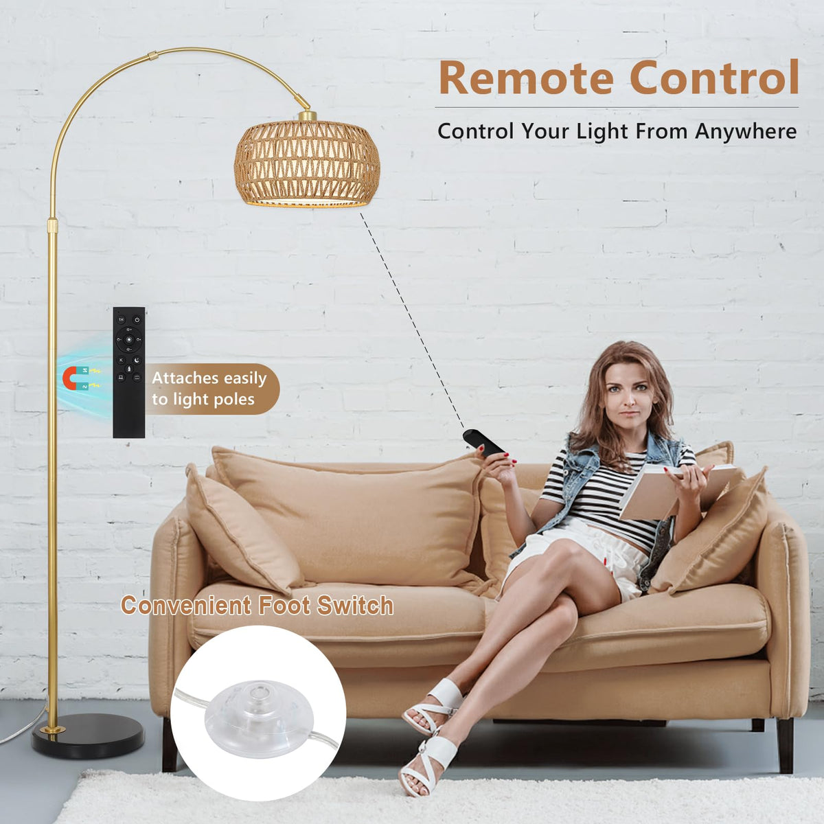 Eyassi tall lamp creates a cozy reading nook beside the sofa