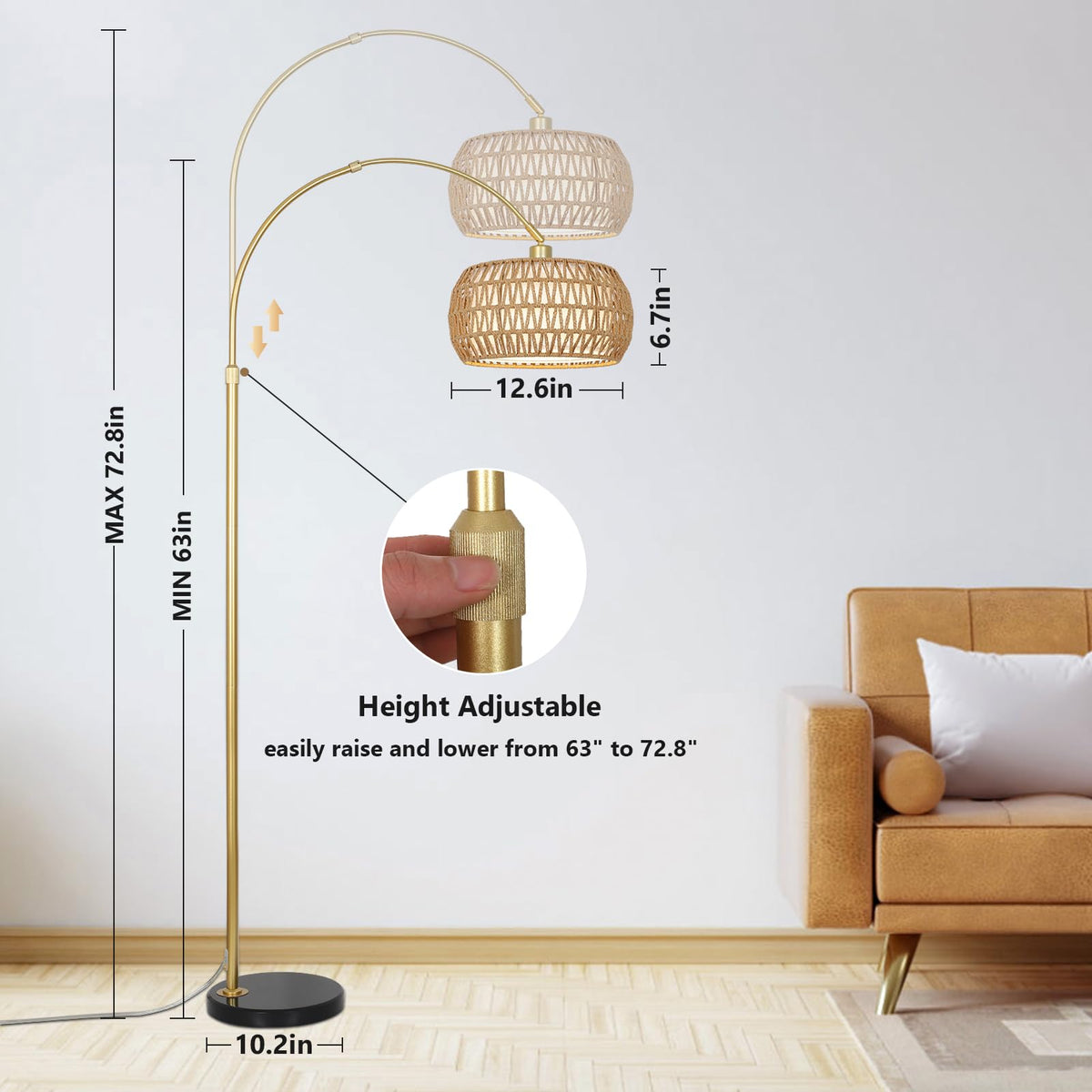 Eyassi height adjustable arc lamp beside the sofa for reading comfort