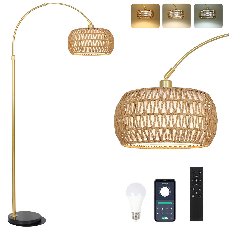 Eyassi gold arc floor lamp with remote, tall centerpiece for cozy living room lighting