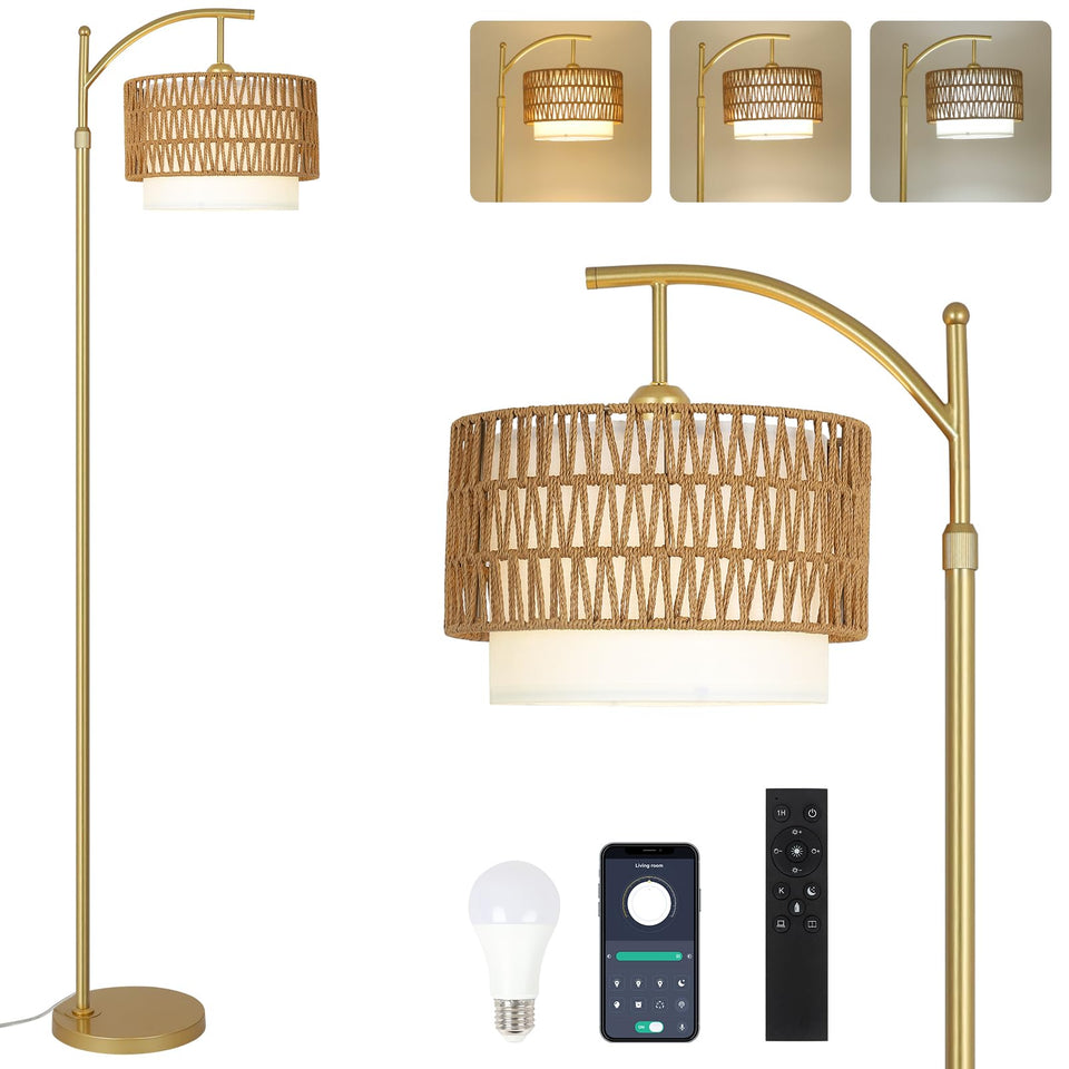 Eyassi Gold Arc Floor Lamp with rattan shade setup for versatile decor.