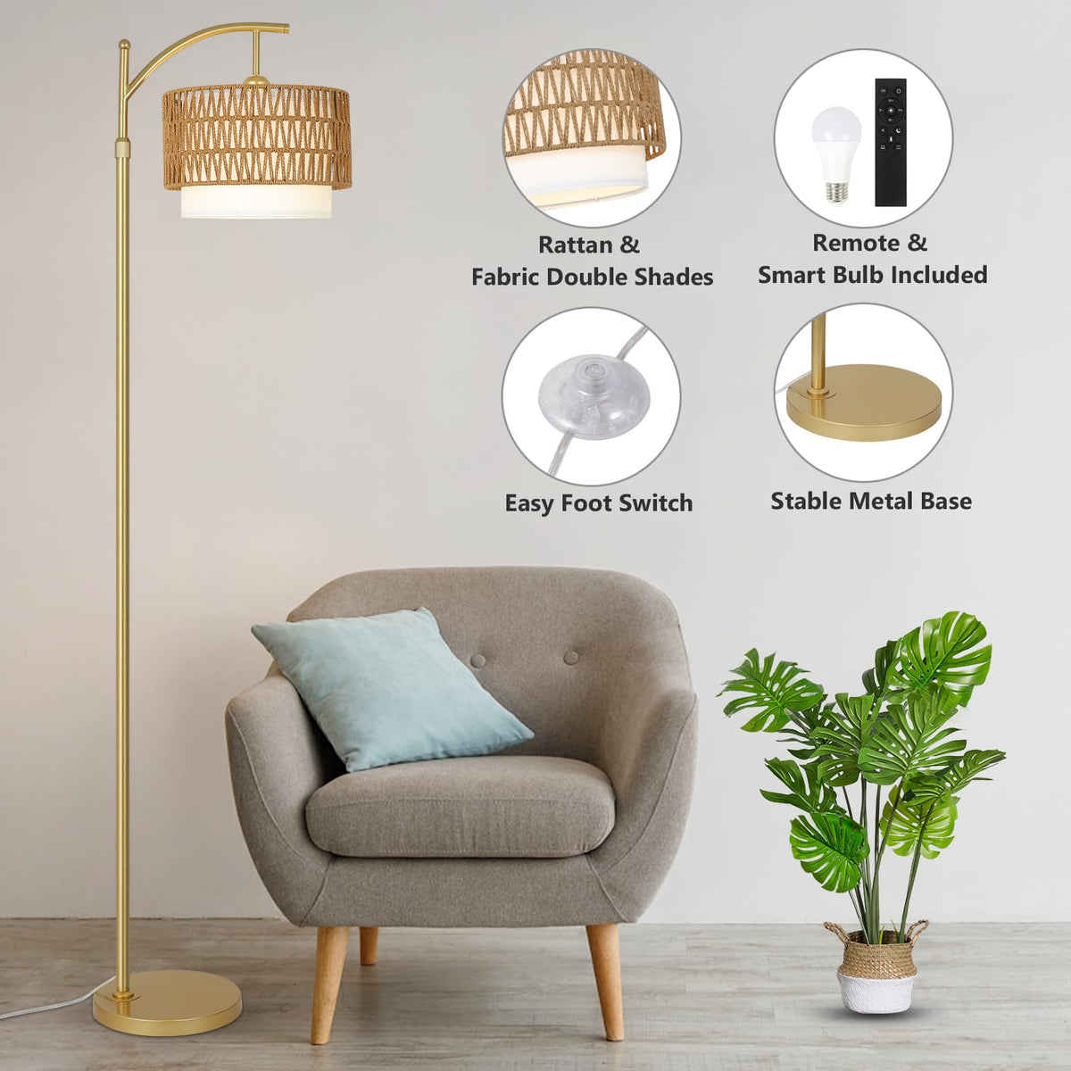 Eyassi Gold Floor Lamp dimmable LED glow for mood lighting.