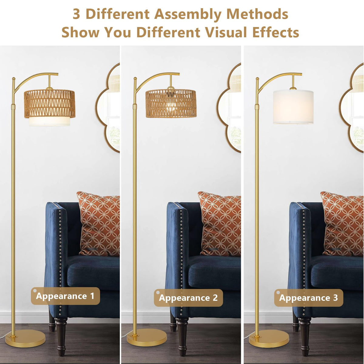 Eyassi Gold Floor Lamp fabric shade adds soft ambient light.
