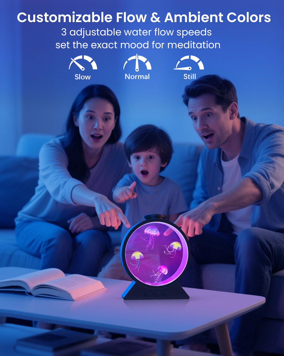 Eyesound Jellyfish Lamp color mood option supports seven colors for mood lighting.