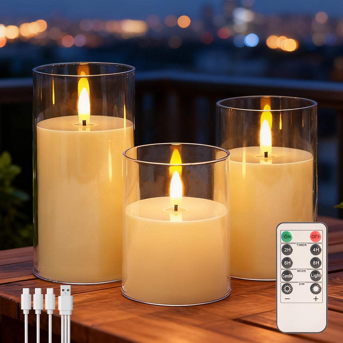 Eynshoo rechargeable flameless candles with remote glow on a coffee table for cozy evenings