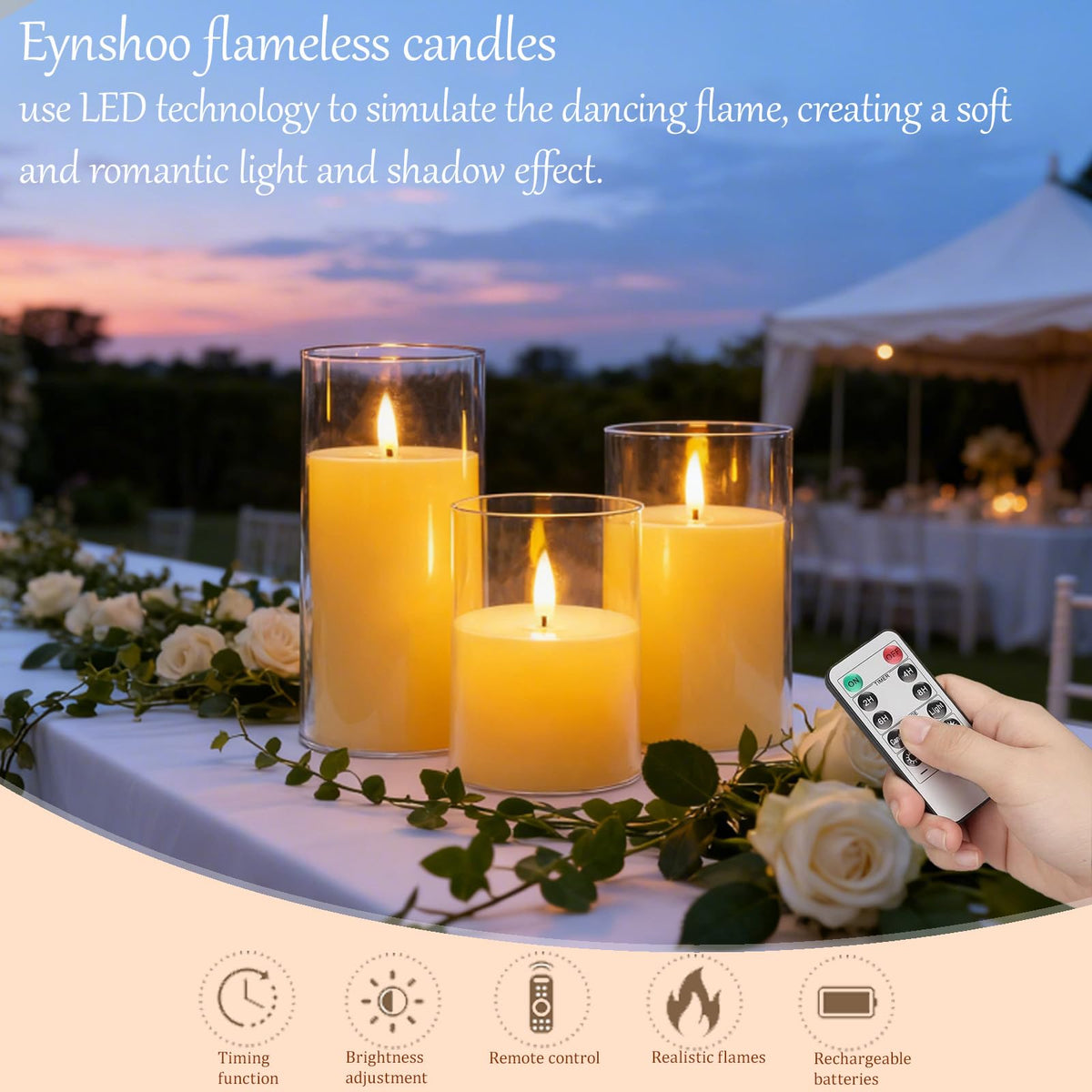 Close-up of Eynshoo LED flame flicker mimicking real candlelight without smoke