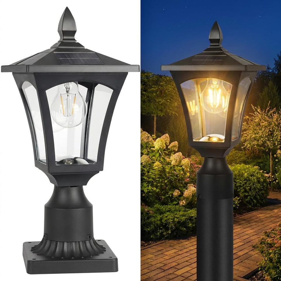 Eyrosa outdoor solar lamp post light with glass shade for crystal-clear garden illumination.