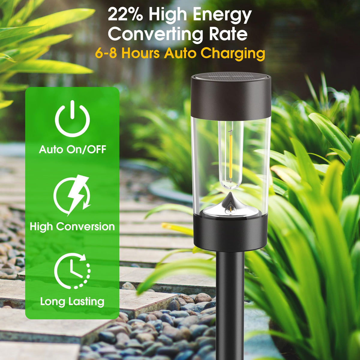 Eyrosa pathway light showcases 360-degree lampshade for even illumination along garden edges.