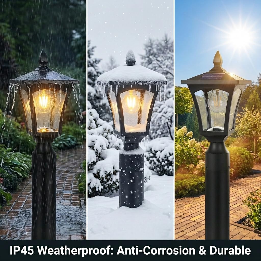 Pier mount base adapts to brick pillars, stone decks, or wooden fences.