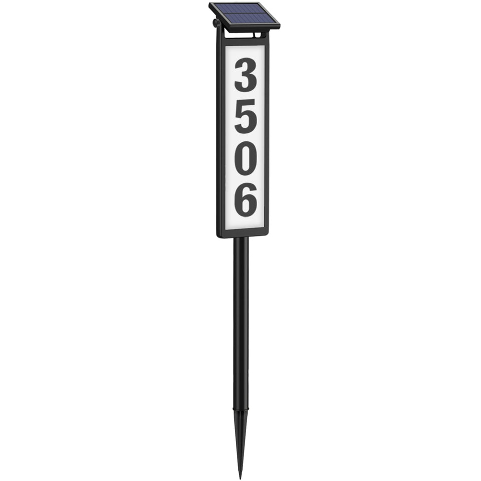 Eyrosa solar address sign front view with glowing numbers for clear outdoor visibility.